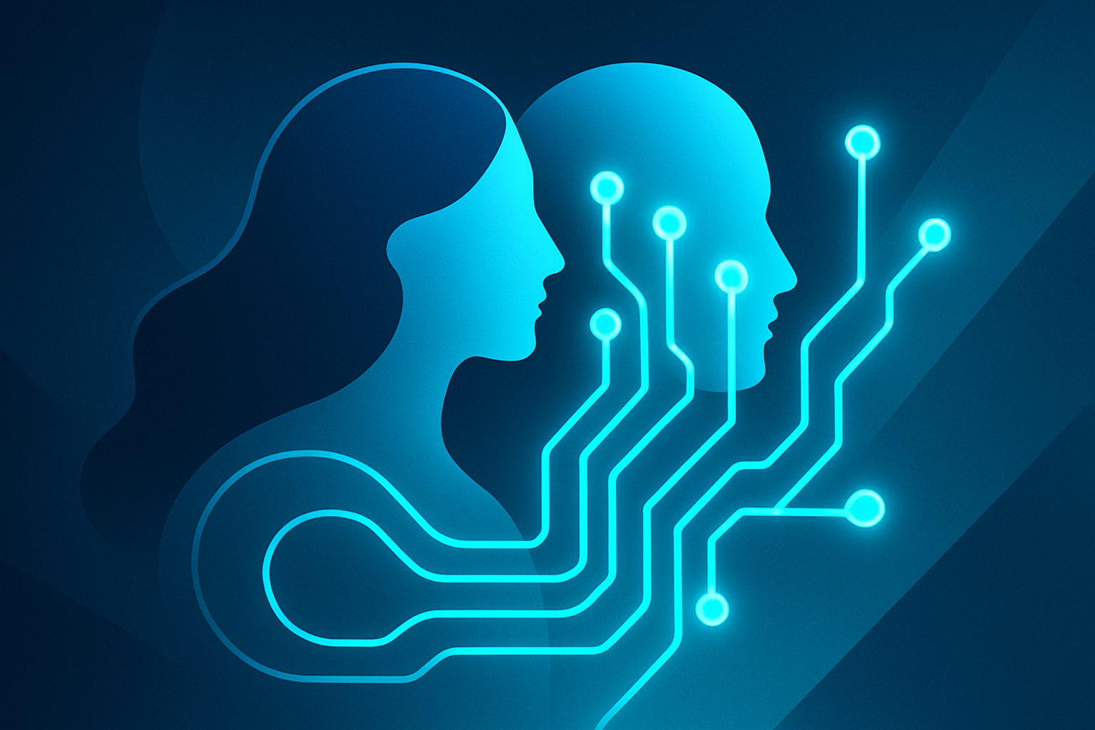 Abstract illustration of interconnected human silhouettes and glowing AI circuits in cool blue tones.