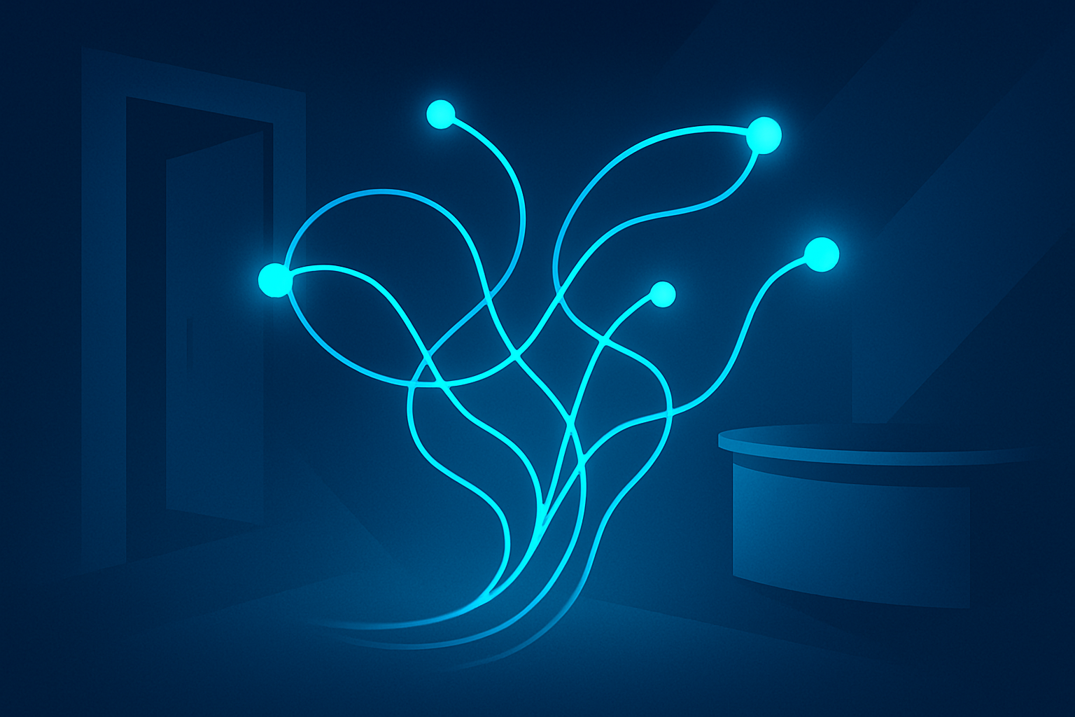 Abstract illustration of interconnected lines and glowing nodes representing communication and empathy.