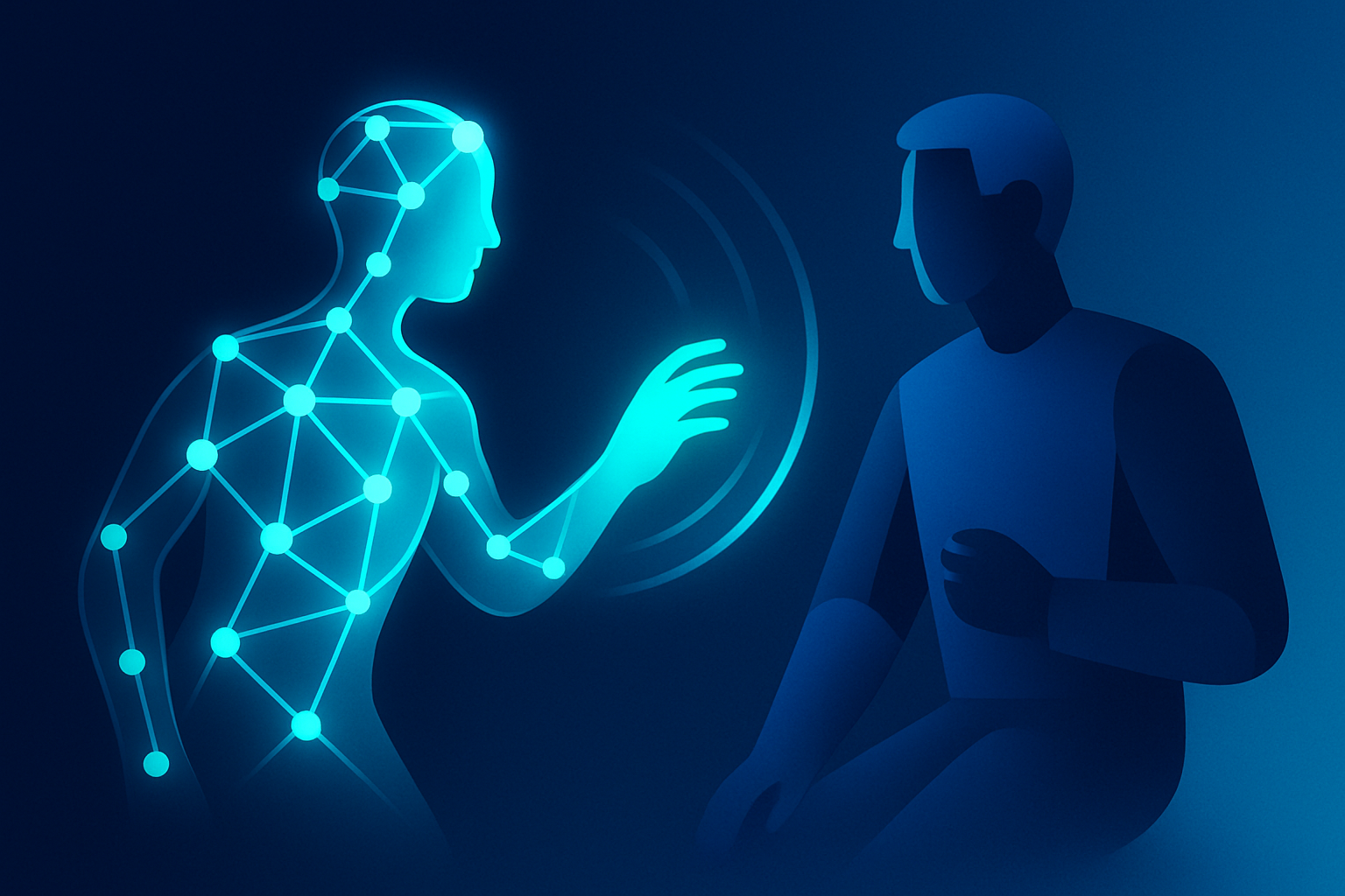 Abstract illustration of proactive, glowing interconnected figure reaching toward reactive, segmented figure.