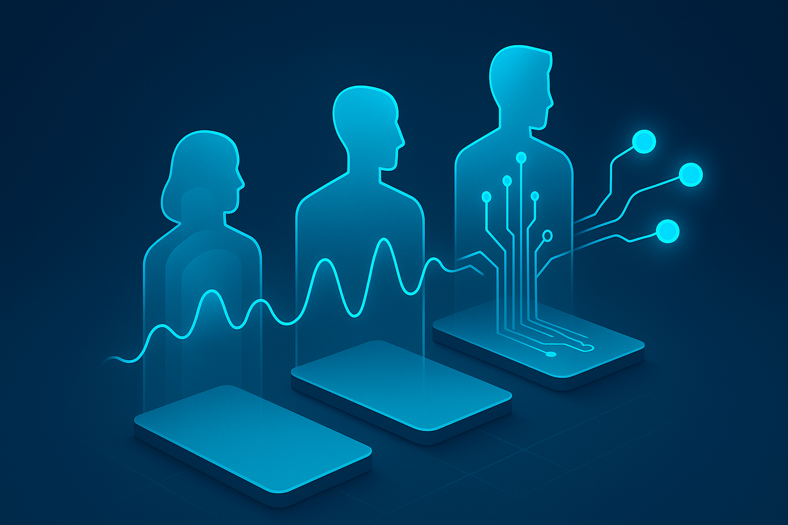 Abstract illustration of translucent geometric figures connected by glowing lines, representing market dimensions.