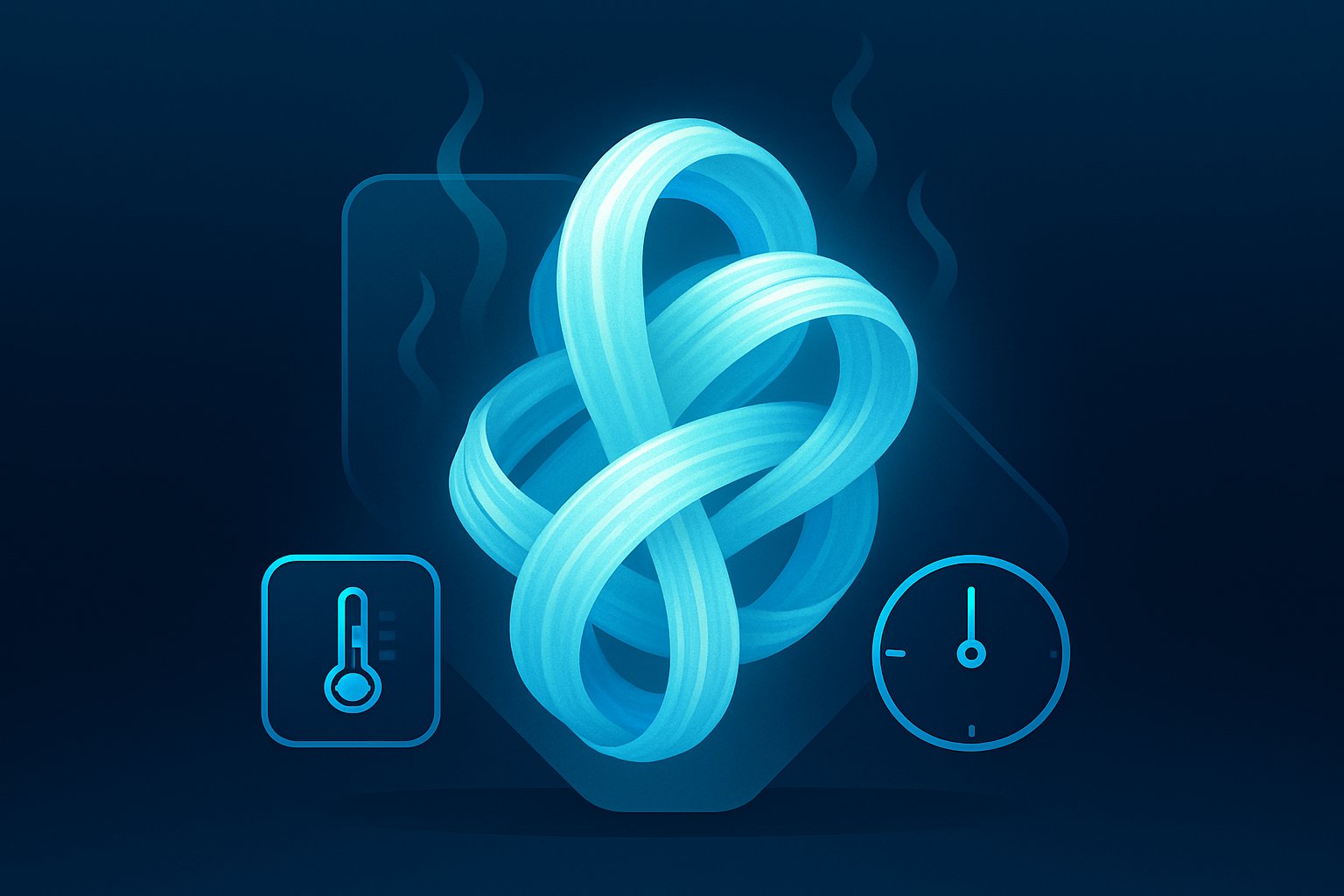 Abstract illustration of translucent linen fibers with neon steam, geometric shapes, and cool blue tones.