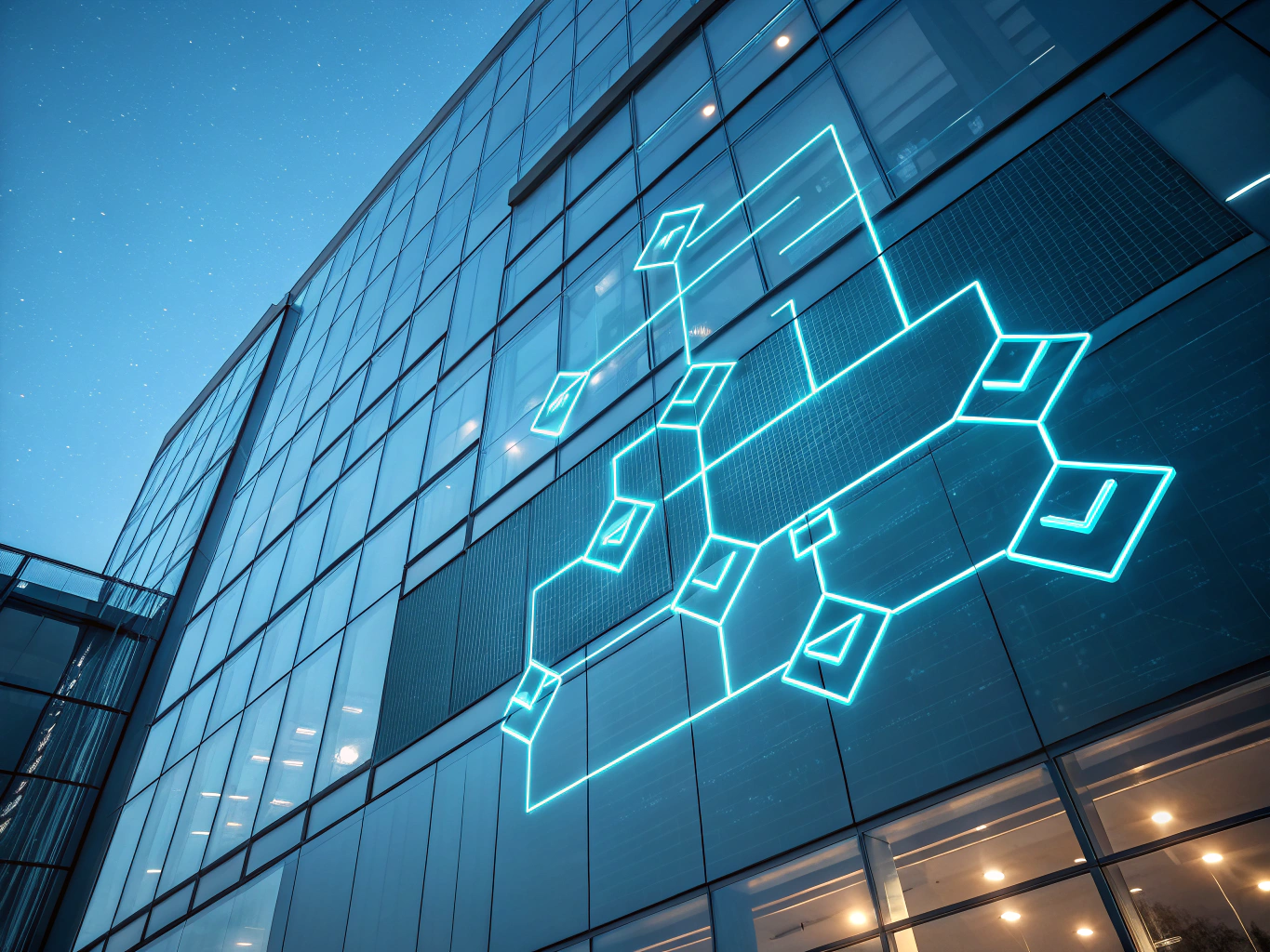 Abstract neon cyan decision matrix with interconnected shapes, translucent layers, and industry icons.