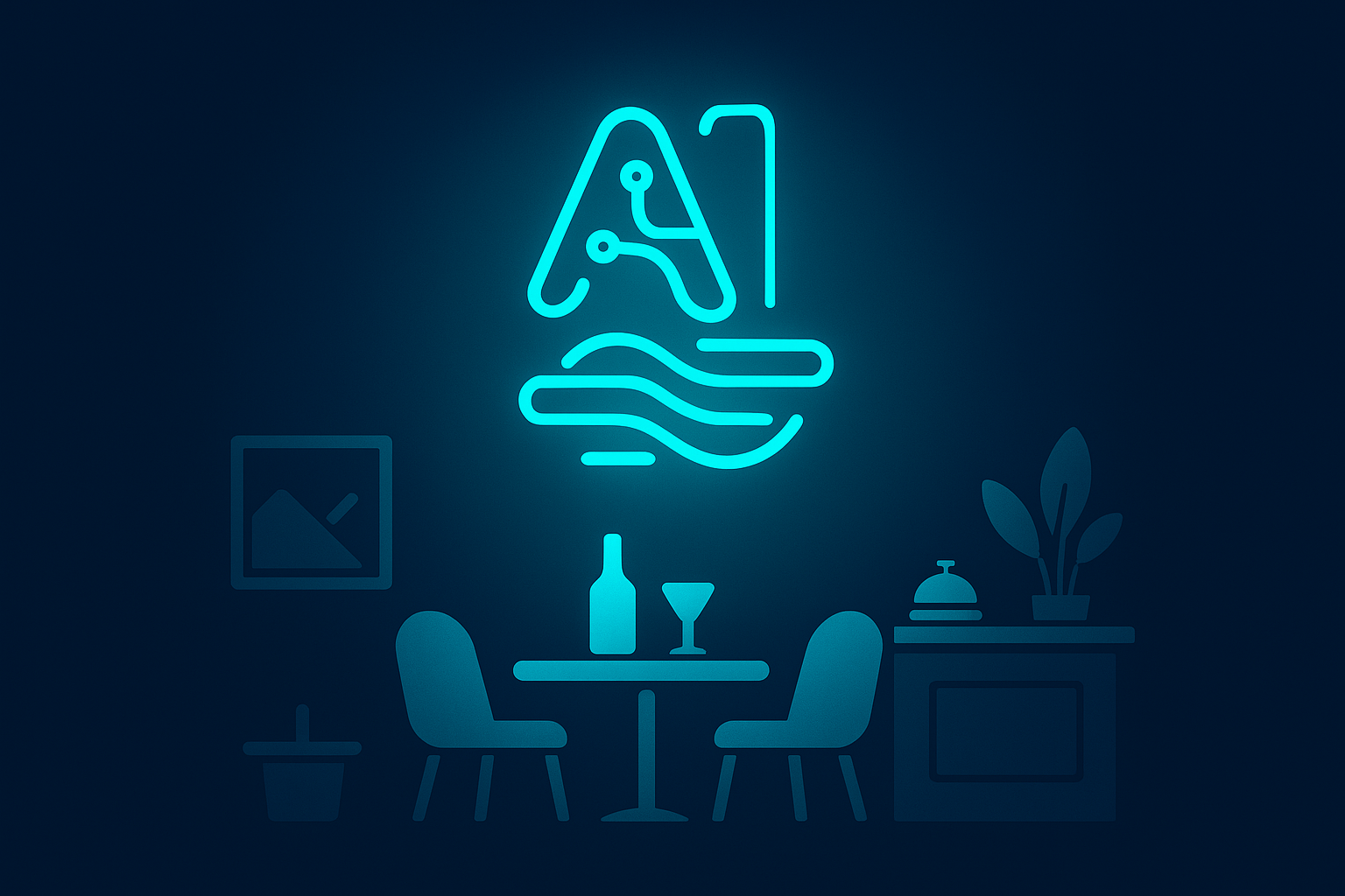 Abstract neon-lit geometric shapes representing AI agents above a minimalist restaurant and hotel lobby scene.