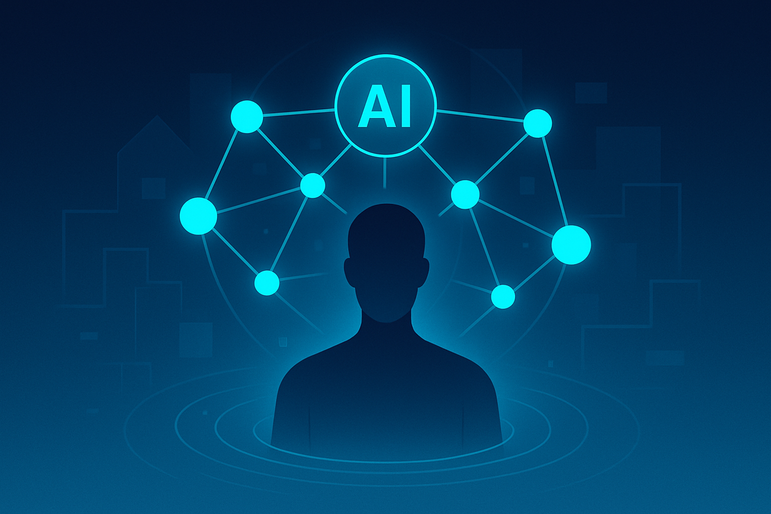 Abstract network of glowing cyan nodes and lines over dark blue background with a human silhouette.