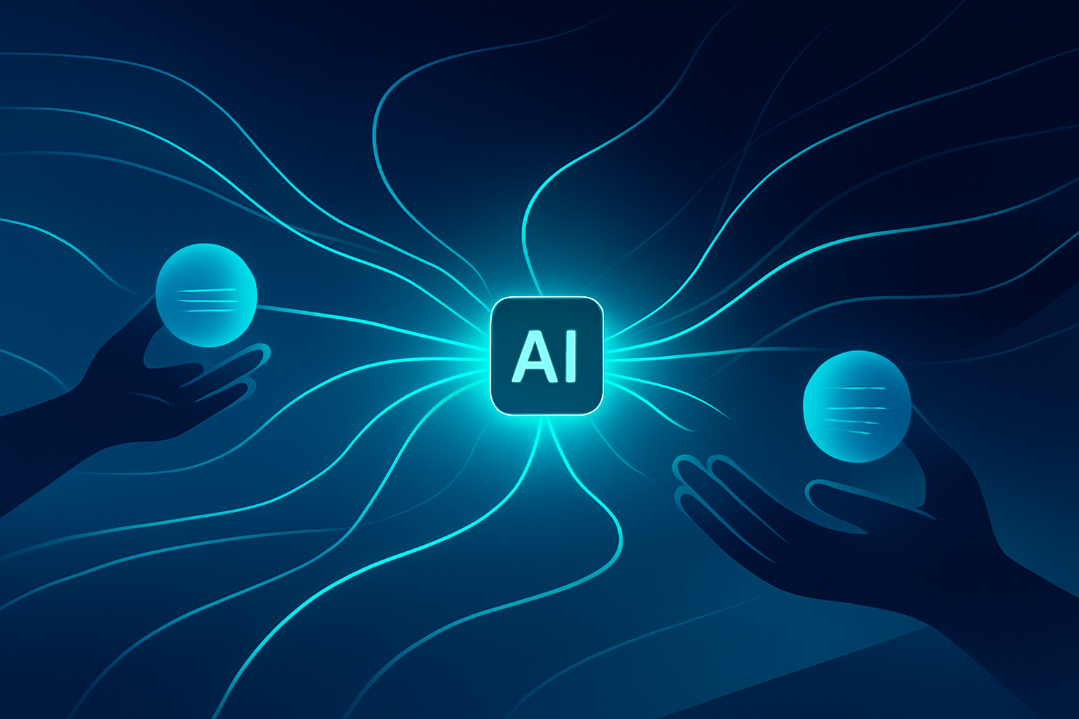 Abstract network of glowing cyan threads and human hands interacting with data orbs.