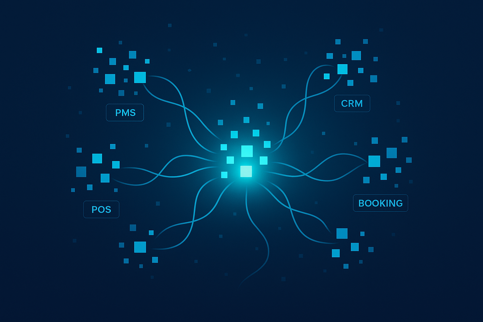 Abstract network of glowing data nodes connecting silos to a central unified core in a dark blue gradient background.
