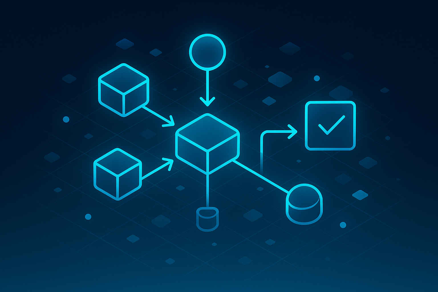 Abstract network of glowing interconnected shapes representing data flows and lead algorithms in dark blue and cyan tones.