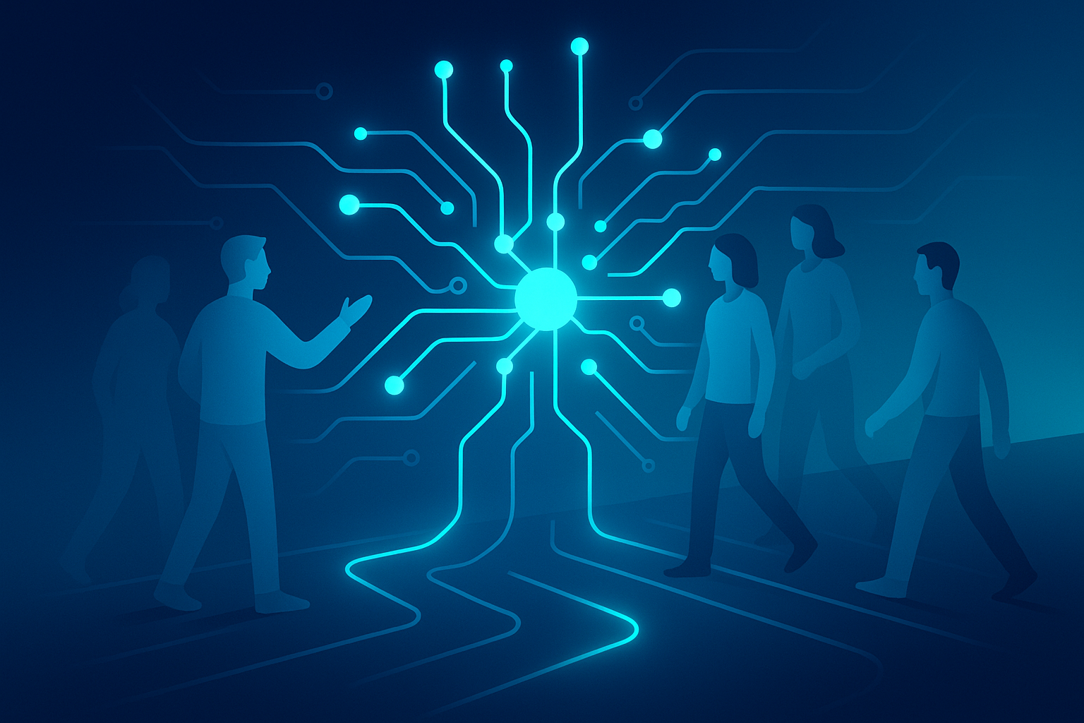 Abstract network of glowing nodes and circuits with moving silhouettes symbolizing AI integration.