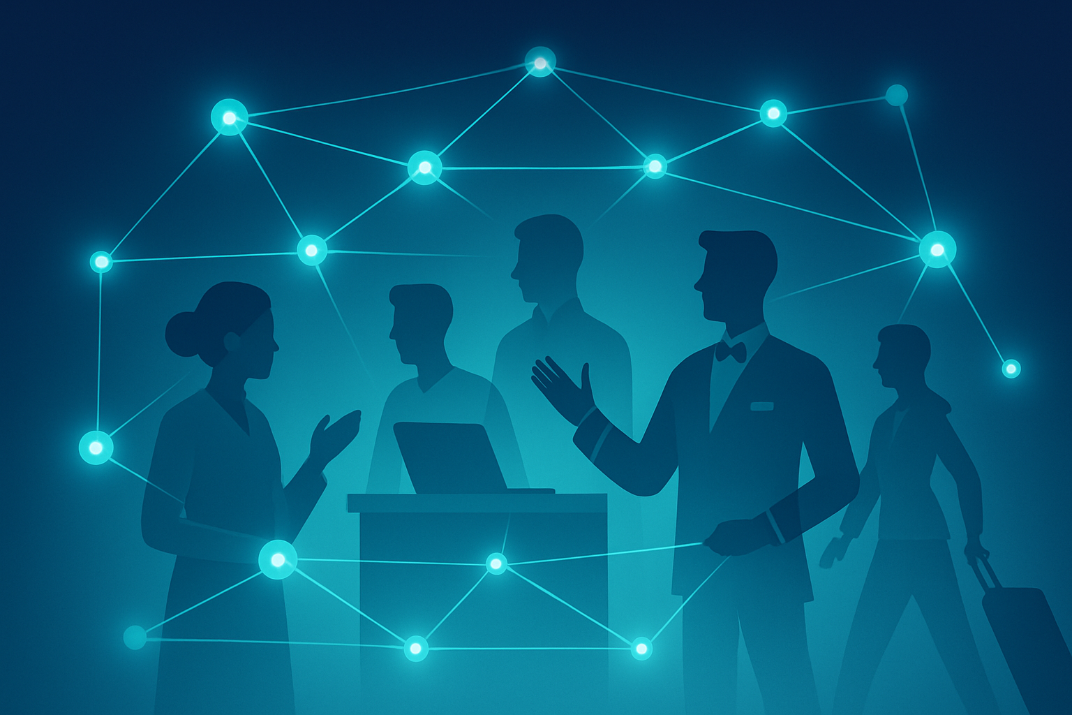 Abstract network of glowing nodes and diverse figures coordinating hotel staff roles.