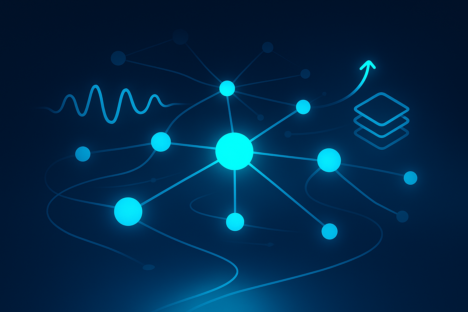 Abstract network of glowing nodes, data streams, pulse waves, geometric shapes, and arrows in dark blue and cyan.