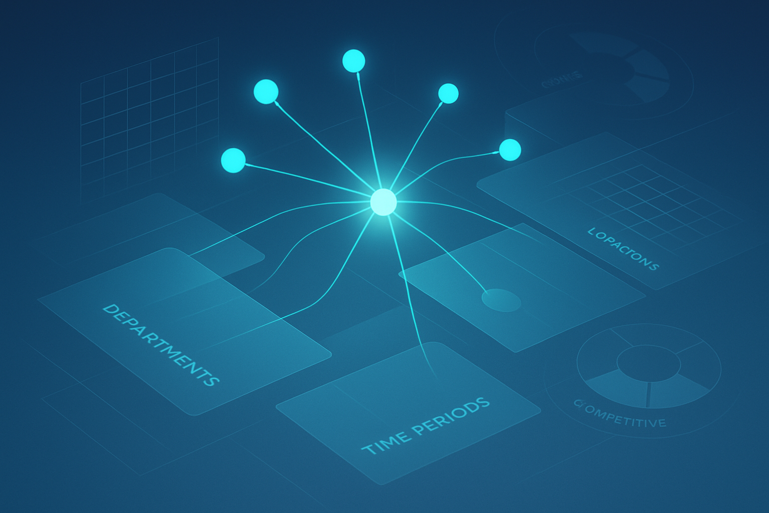 Abstract network with glowing nodes, geometric shapes, and data flow in a neon-lit digital environment.