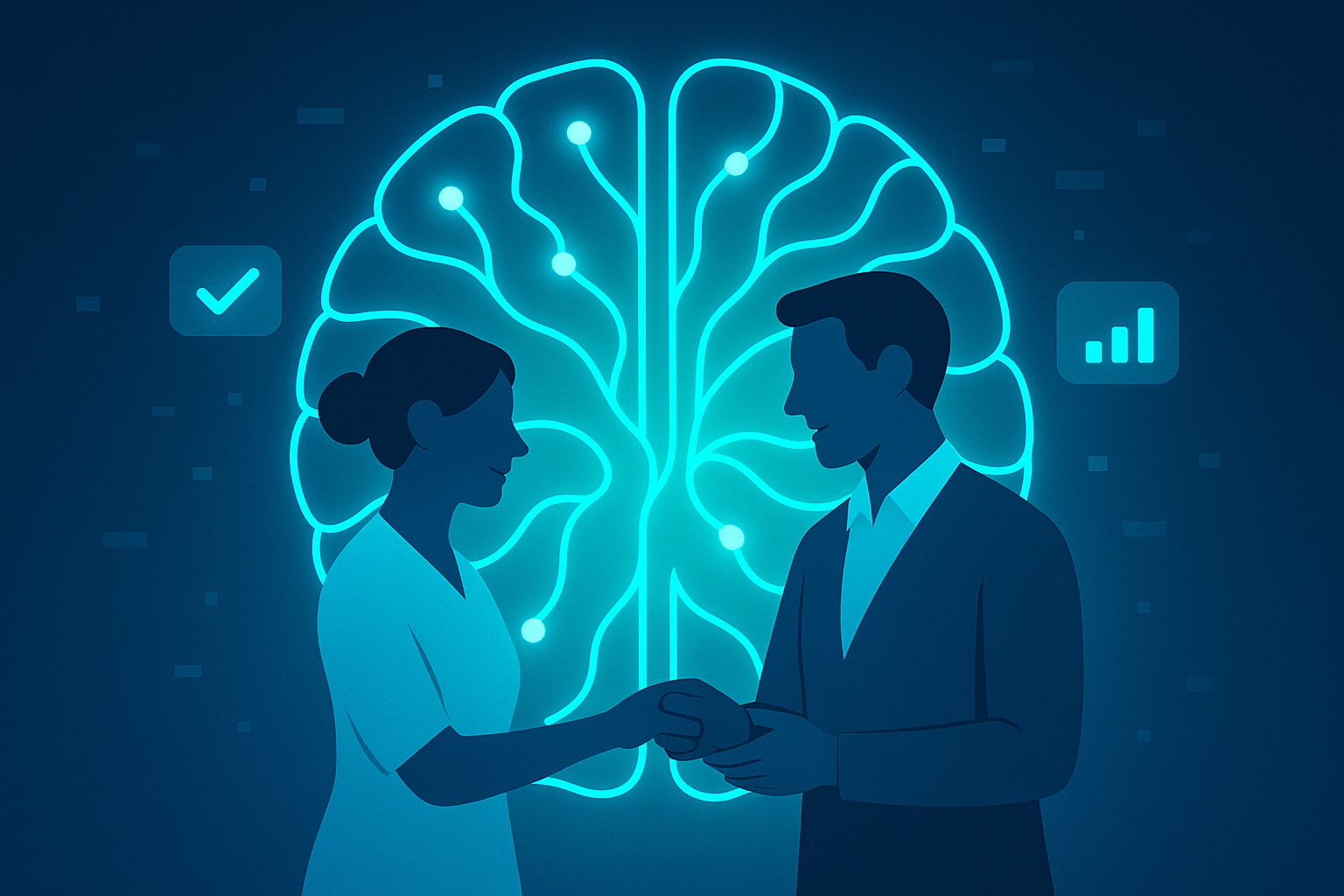 Abstract neural network pathways intertwine with human silhouettes in a glowing, tech-inspired scene.