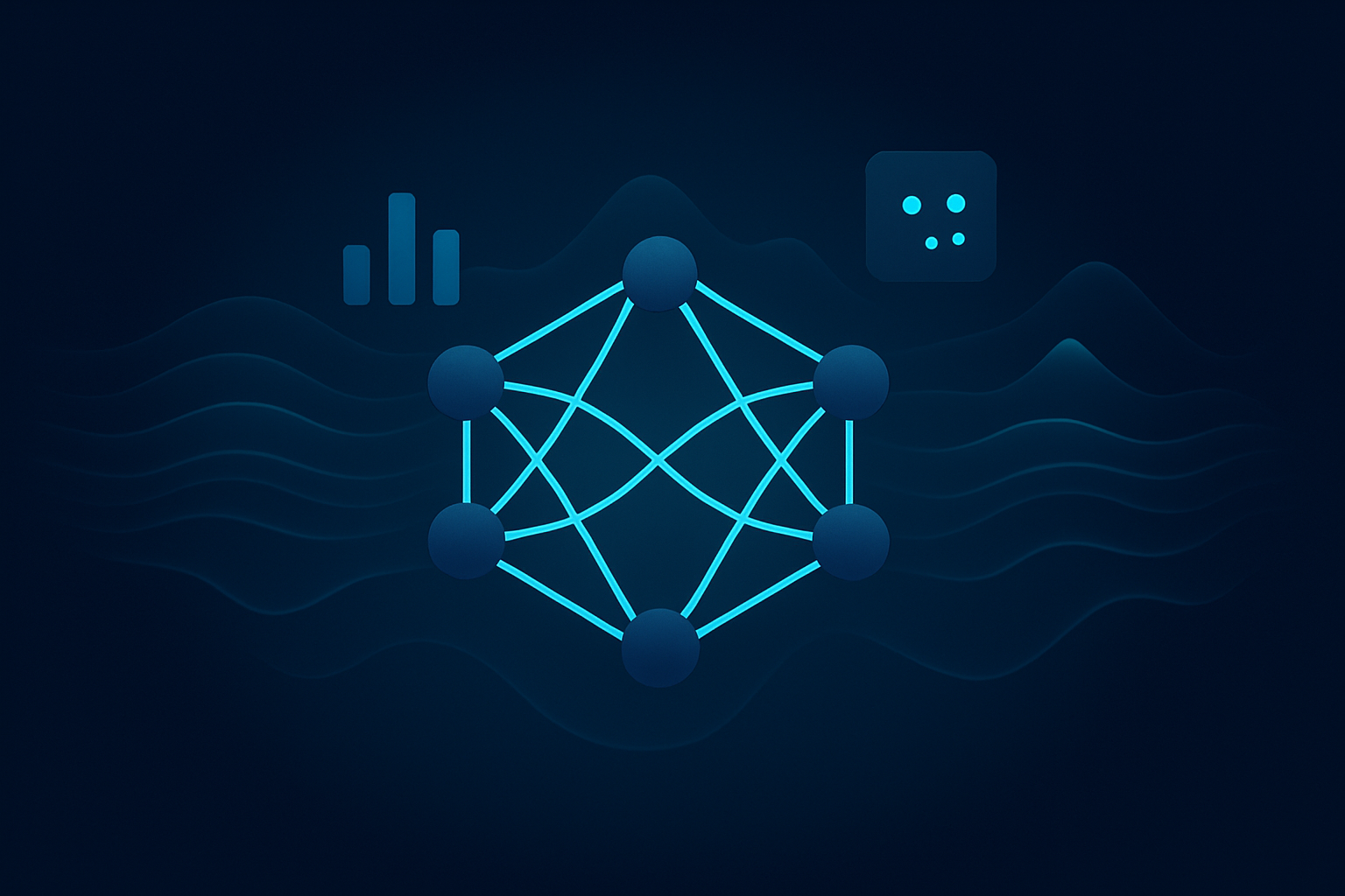 Abstract neural network with glowing cyan threads, floating data streams, and pulsing geometric shapes.