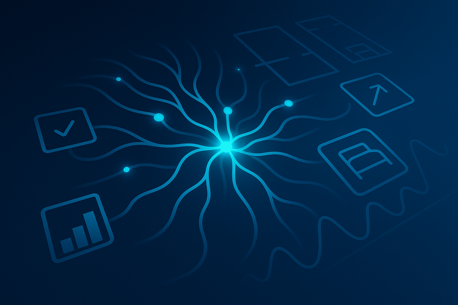 Abstract neural network with glowing data streams, geometric shapes, and hotel outlines in dark blue tones.