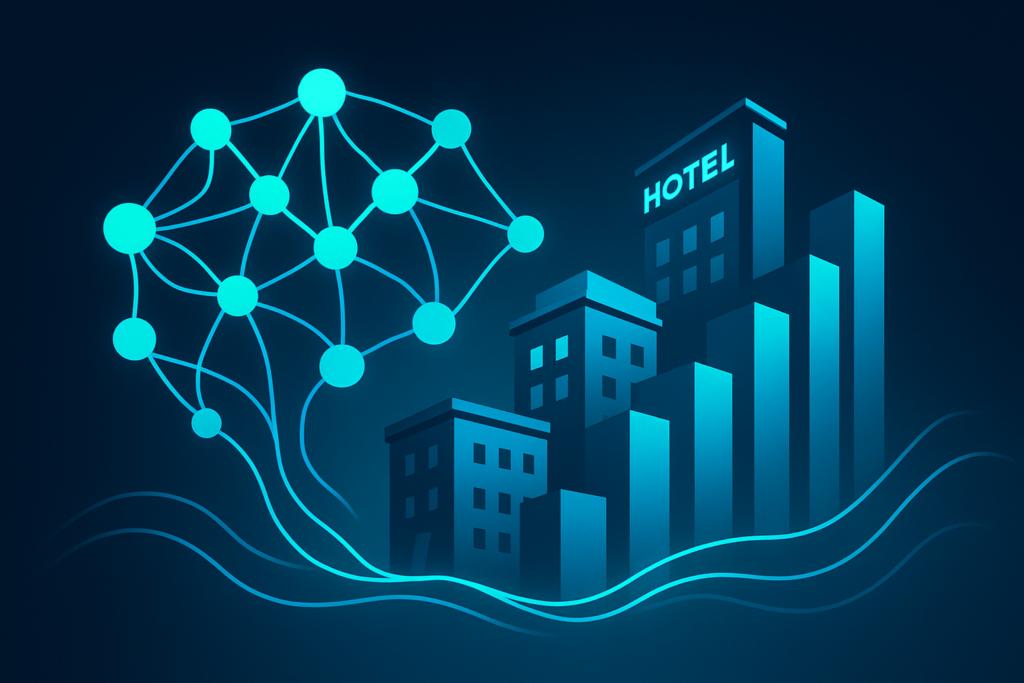 Abstract neural networks intertwine with stylized hotel structures and data streams in neon blue.