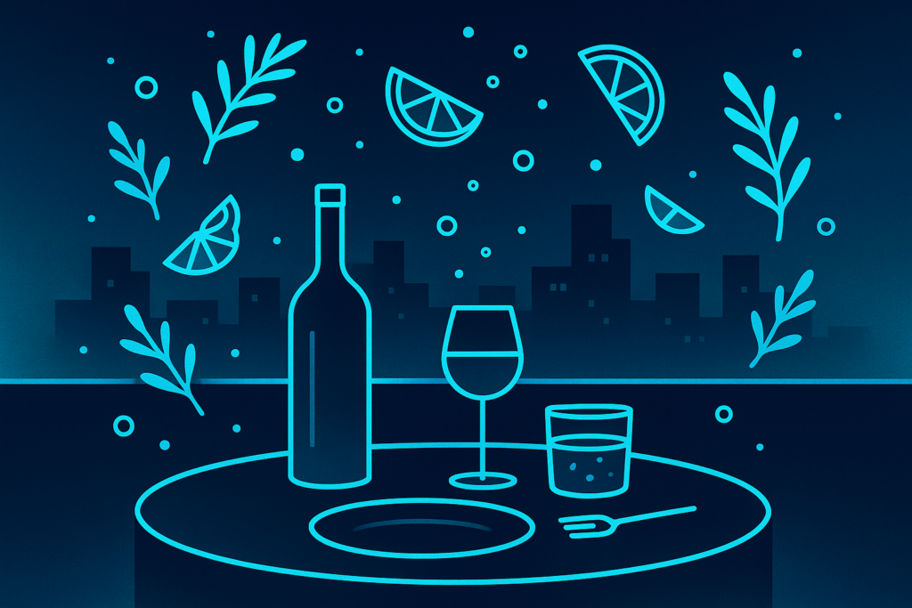 Abstract rooftop dining scene with neon glow, floating herbs, citrus, glassware, and cityscape hints.