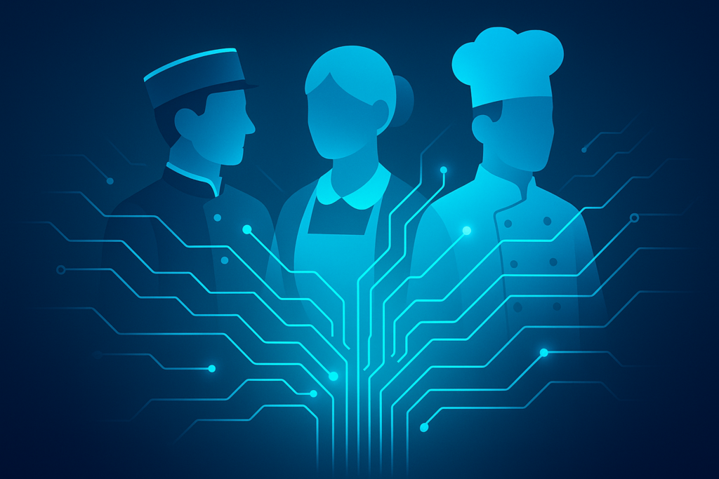 Abstract silhouettes of hotel staff connected by glowing AI circuit lines on a dark blue gradient background.
