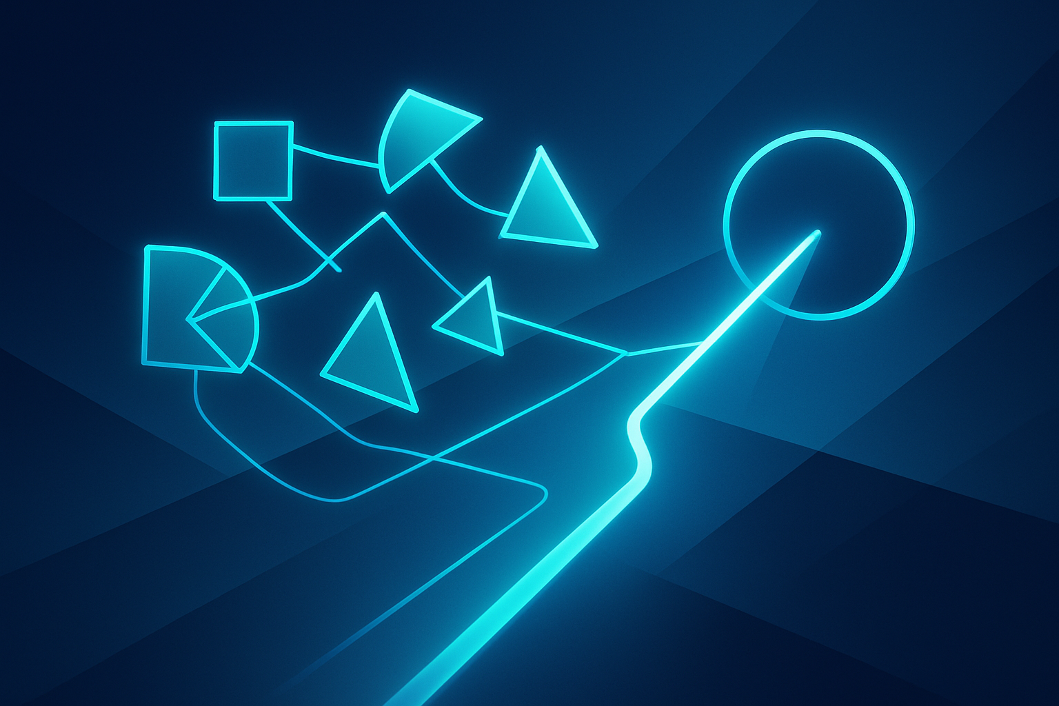 Abstract tech scene with glowing geometric shapes aligning along cyan lines on dark blue background.
