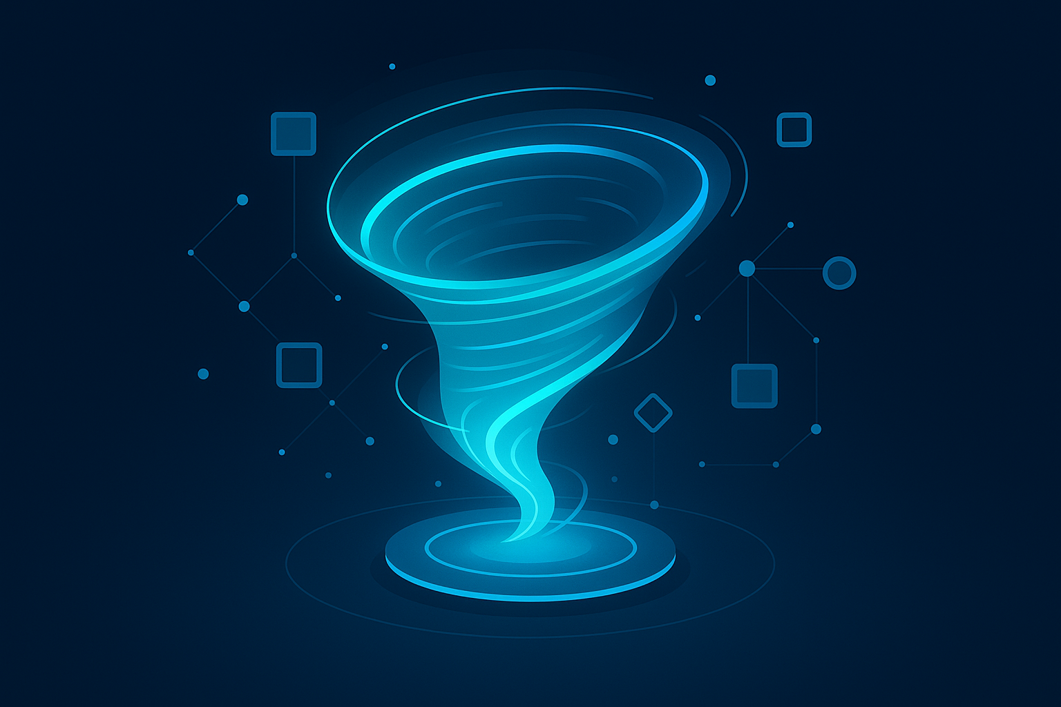 Central translucent data vortex with glowing streams, floating geometric nodes, on dark tech background.