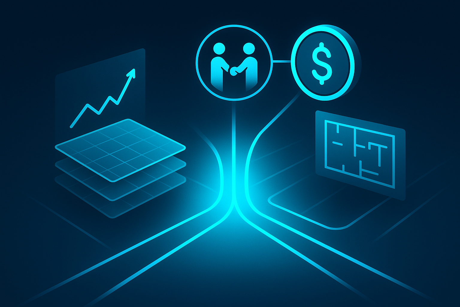Centralized digital workspace with interconnected shapes, holograms, and glowing portal in neon blue.