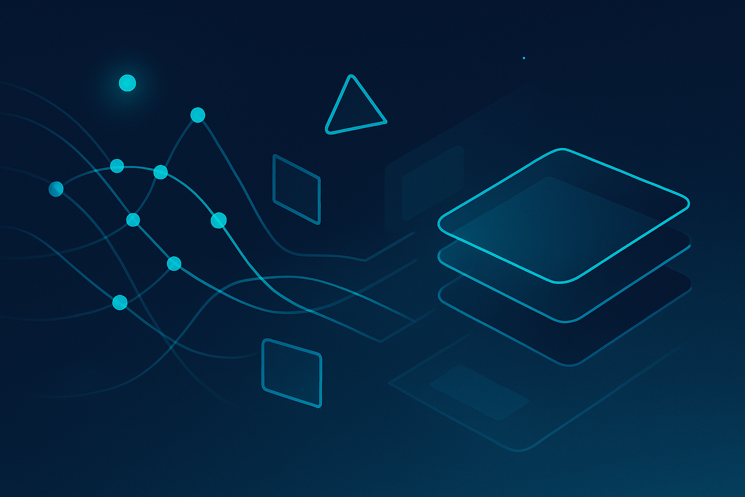 Dark gradient tech background with neon cyan network, interconnected nodes, flowing lines, and floating digital shapes.