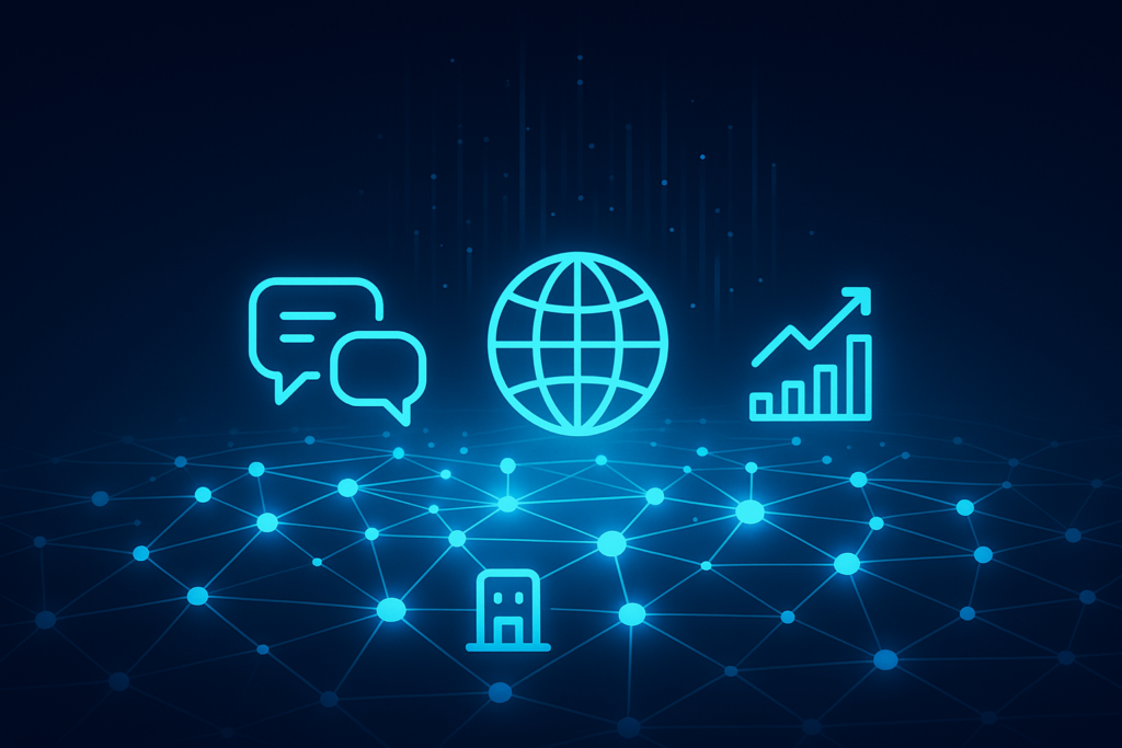 Digital network with interconnected nodes, data streams, icons, and globe in neon blue and cyan.