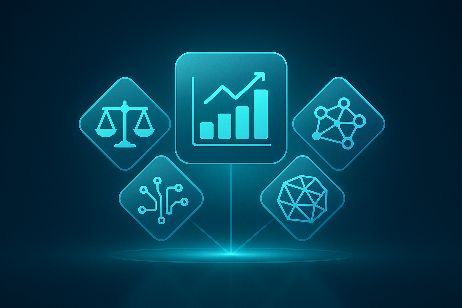 Five interconnected translucent geometric shapes with financial, legal, network, and operational symbols over a reflective surface.