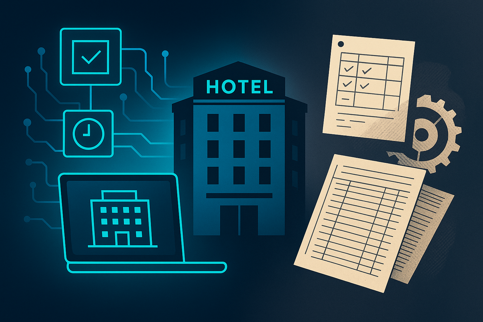 Flat illustration contrasting digital grids and vintage gears against dark blue background with cyan glow.