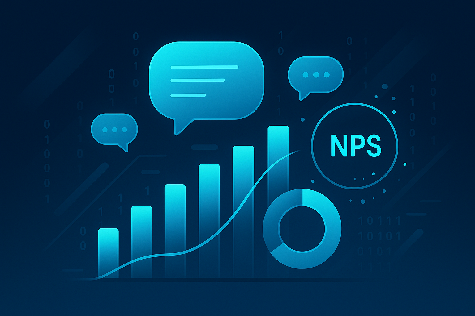 Flat illustration of data streams, charts, speech bubbles, and NPS icons on a dark blue gradient background.