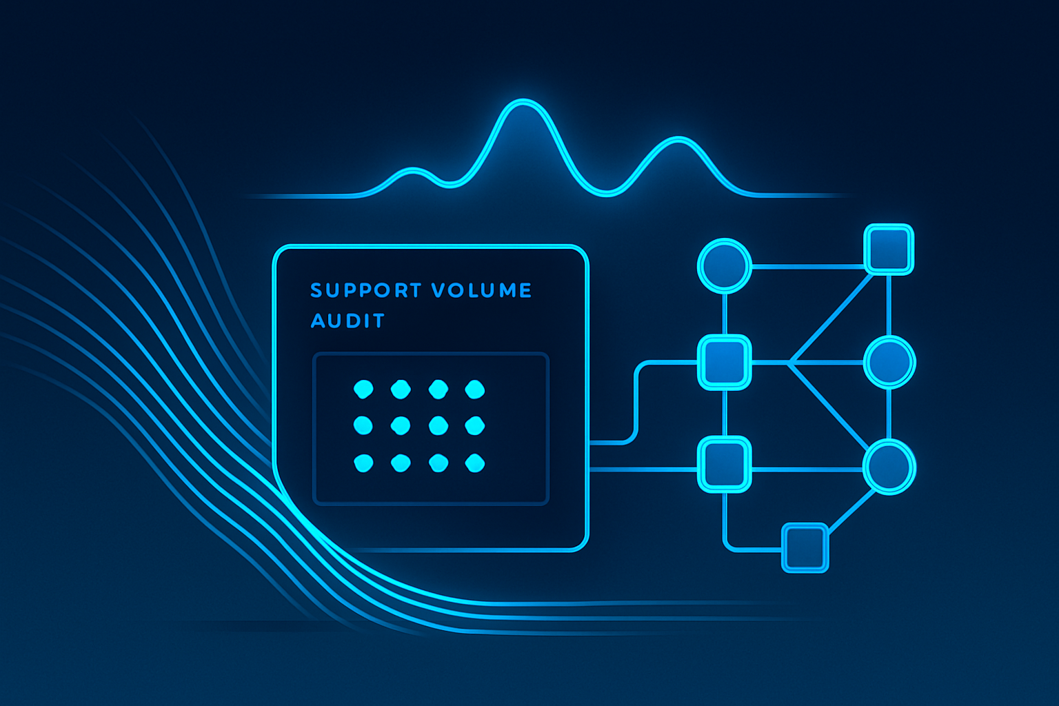 Flat illustration of data streams, nodes, and geometric shapes on dark blue, cyan, and neon glow background.