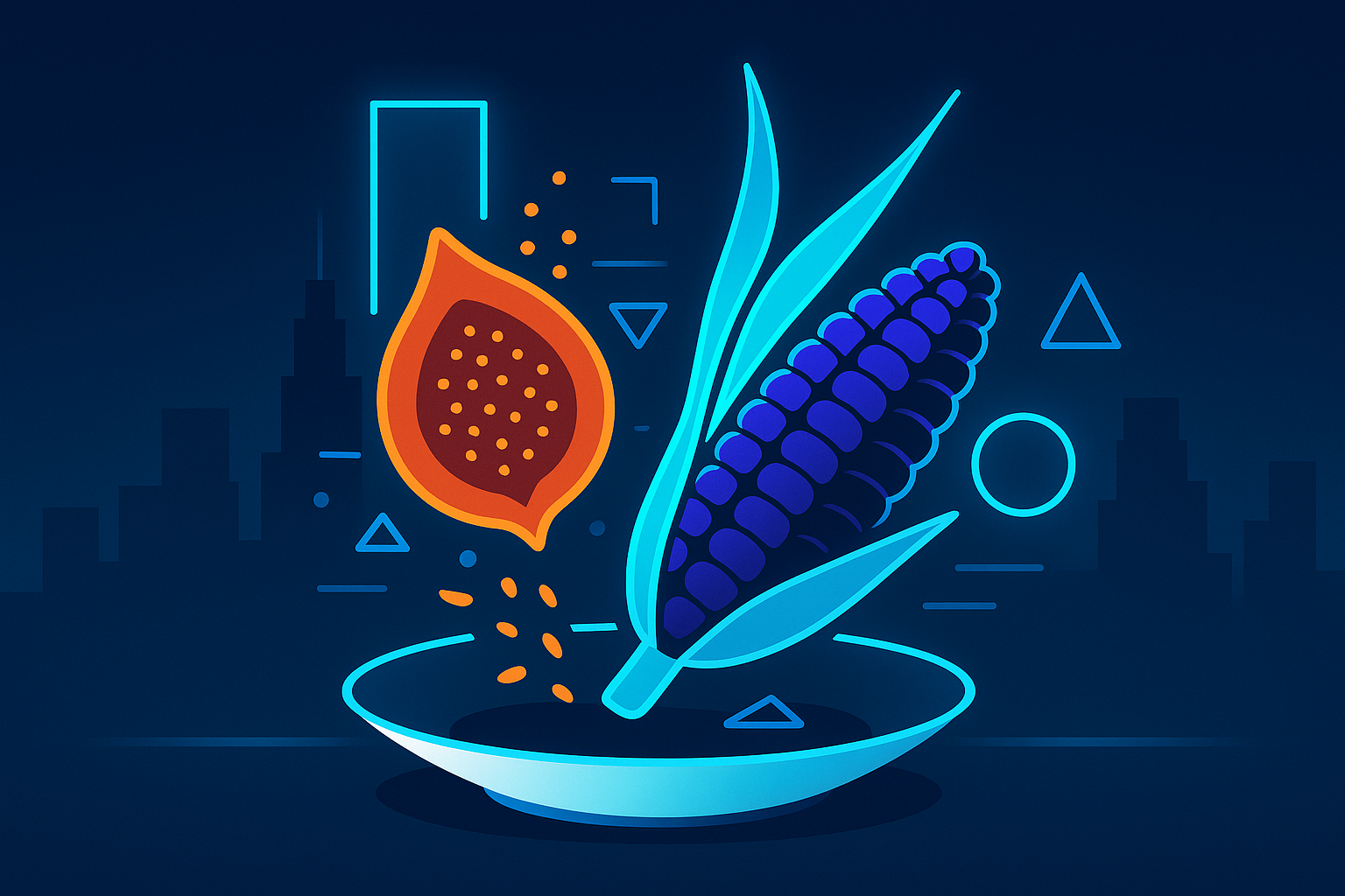 Flat illustration of Ecuadorian spices, geometric shapes, and Manhattan rooftops with neon glow.