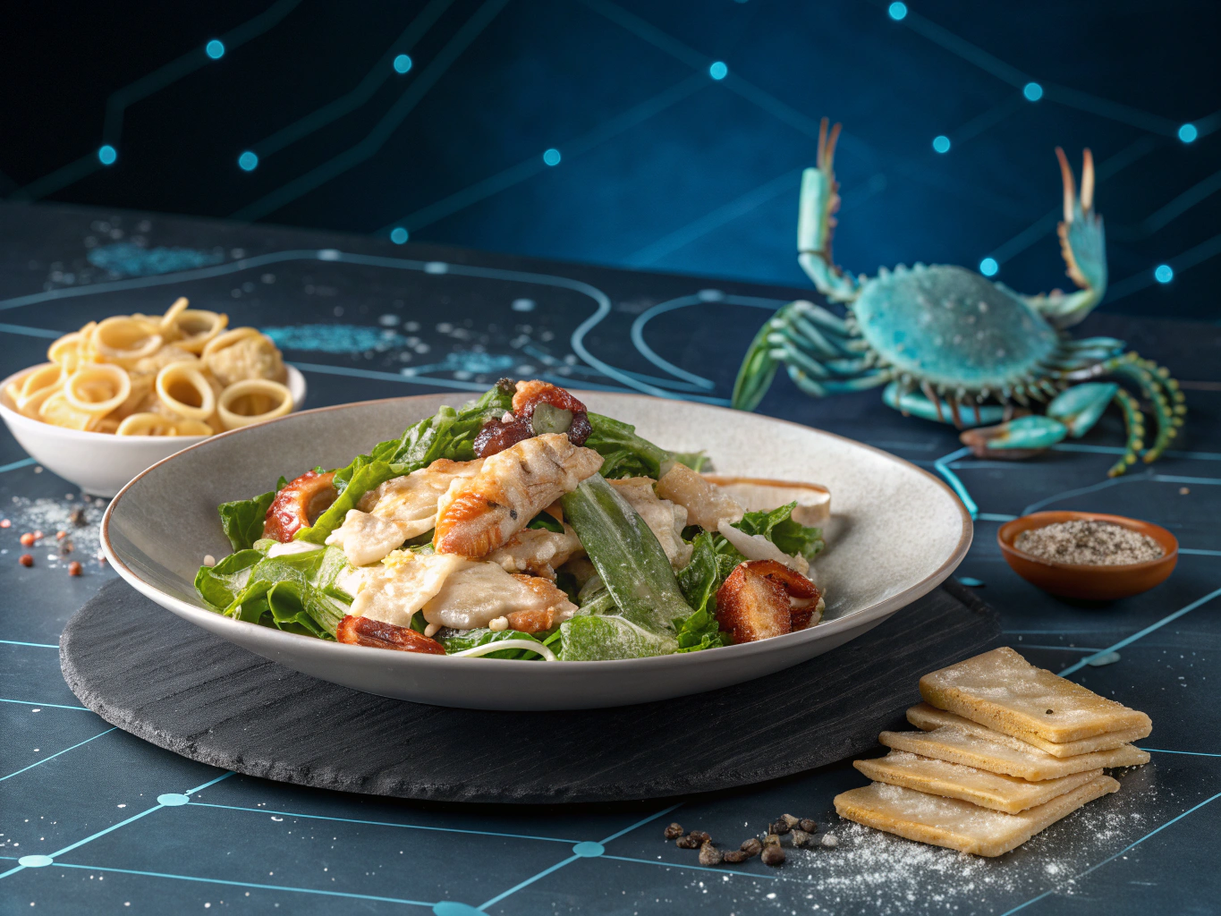 Flat illustration of floating culinary elements with neon glow against dark blue tech background.