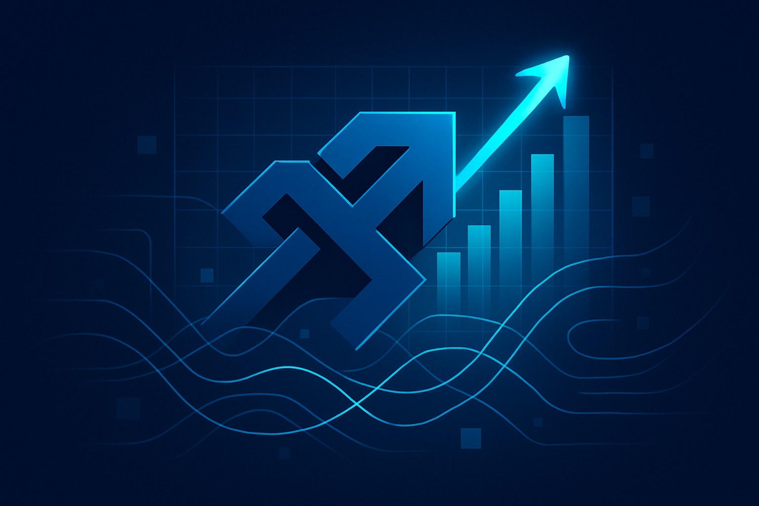 Flat illustration of geometric shapes, data streams, and interconnected lines symbolizing growth and technology.