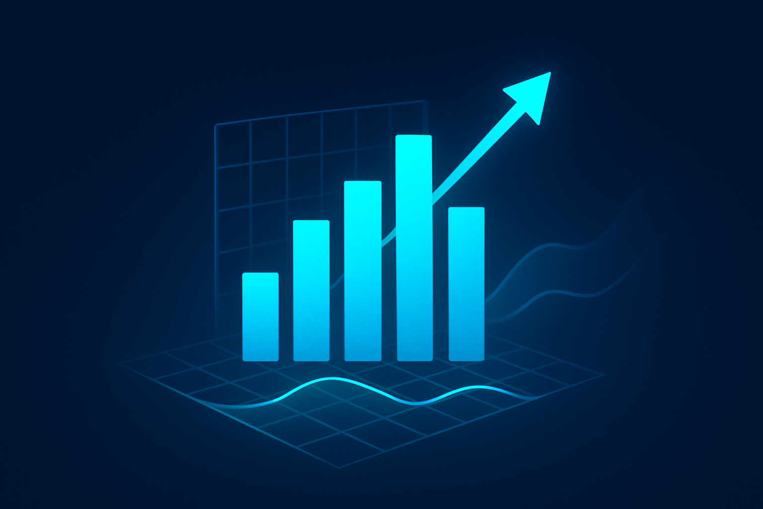 Flat illustration of geometric shapes symbolizing data flow and growth in a neon-lit digital scene.