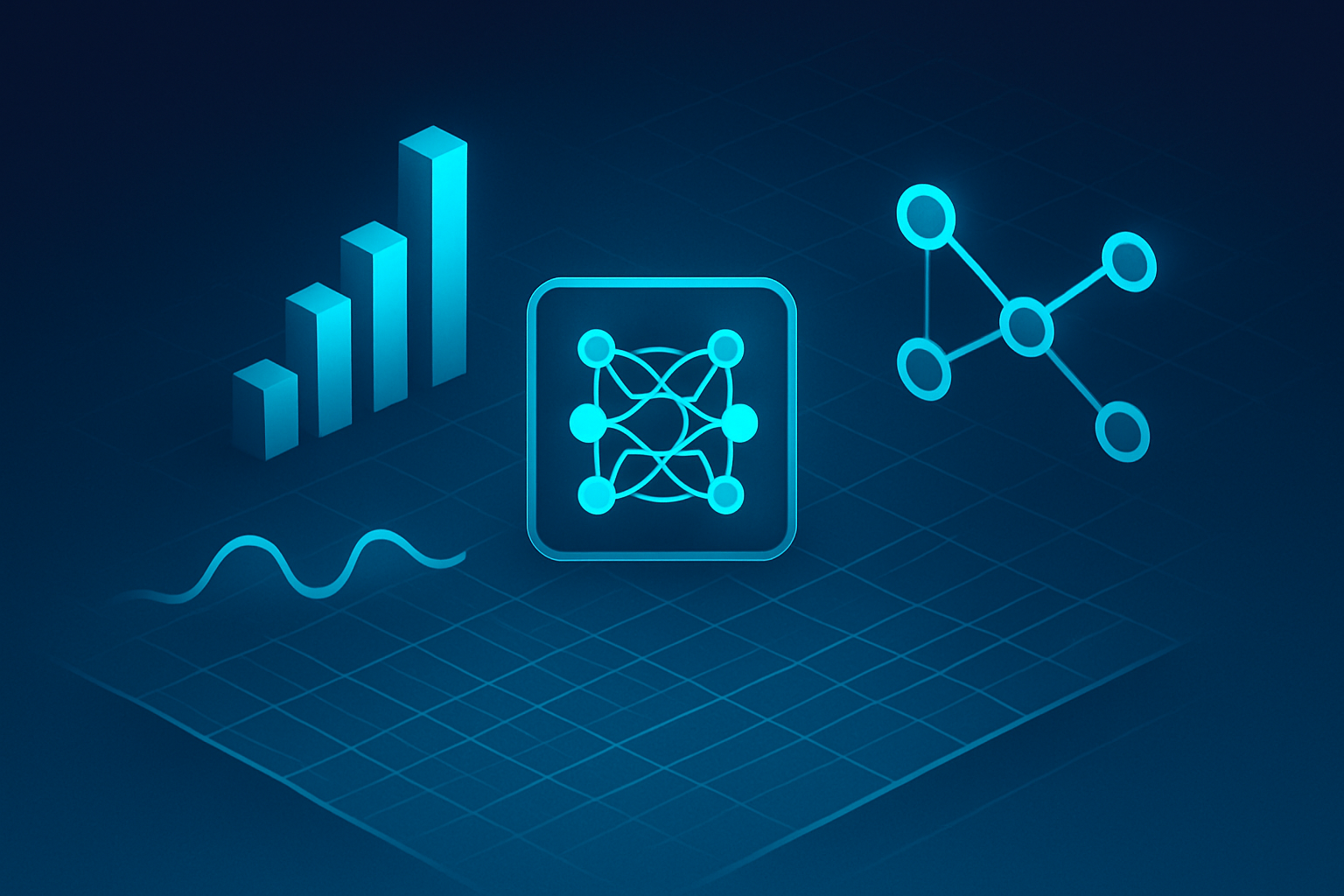 Flat illustration of glowing data streams, interconnected nodes, neural network pattern over dark gradient background.