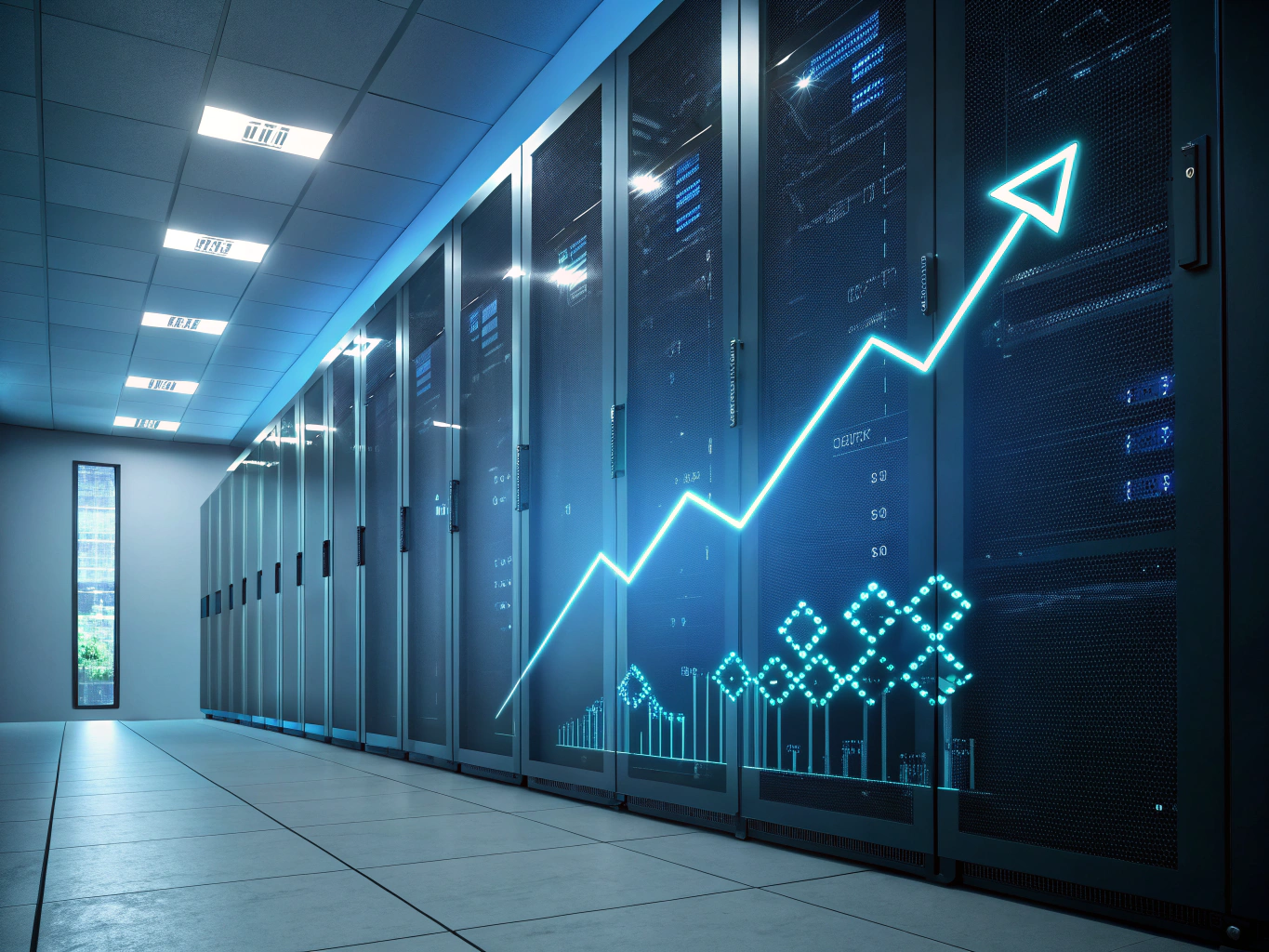 Flat illustration of glowing geometric shapes, arrows, and data nodes on a dark blue gradient background.