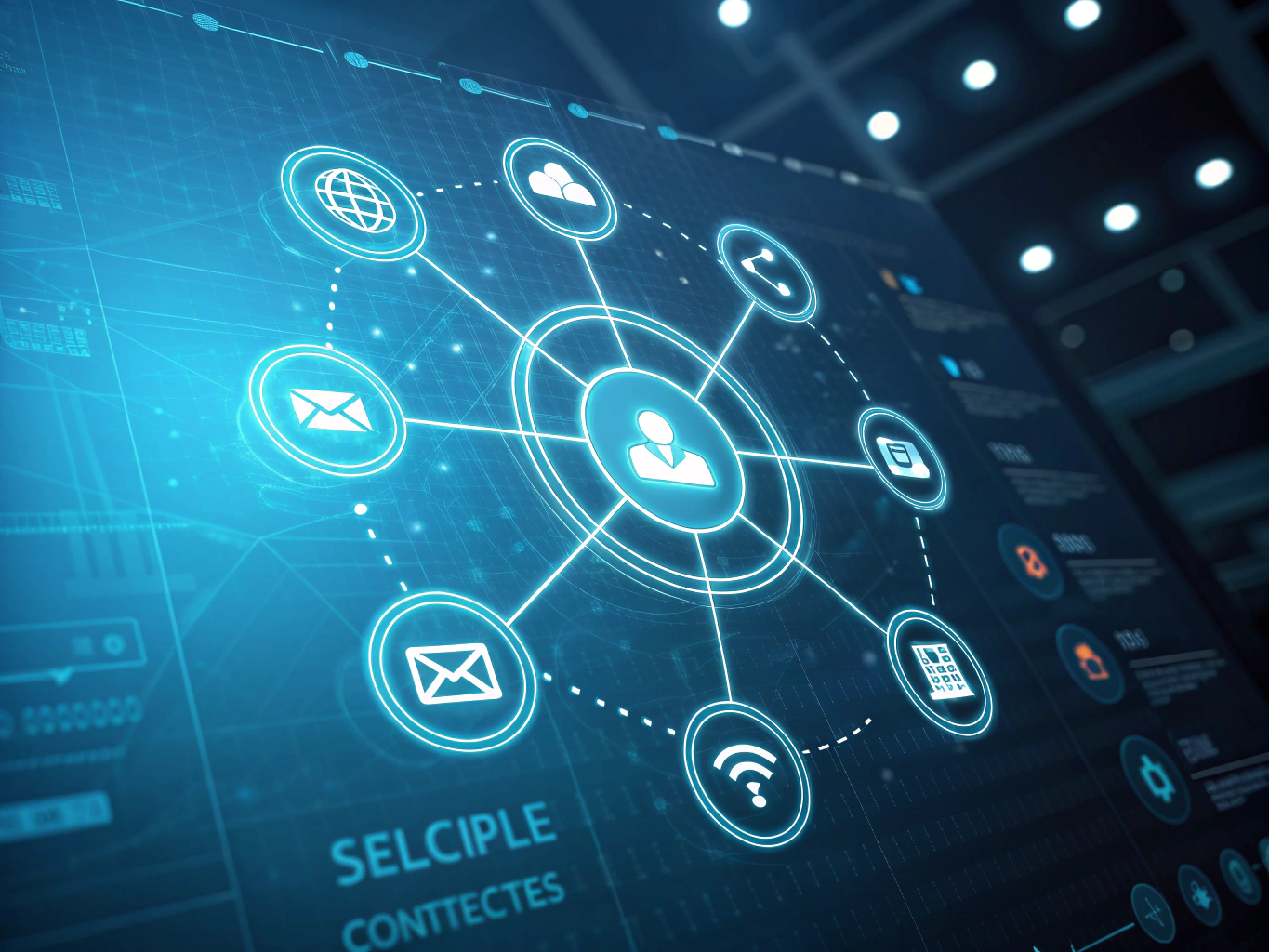 Flat illustration of glowing orbs and geometric shapes representing marketing channels converging into core nodes.