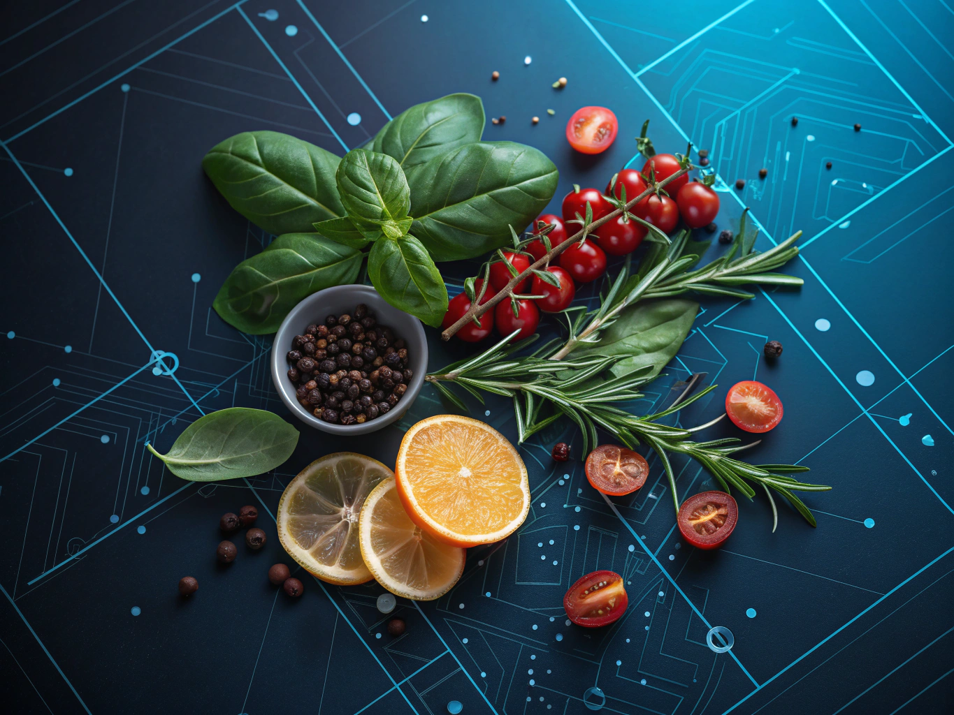 Flat illustration of herbs, fruits, spices, and espresso beans against a dark blue neon-lit background.