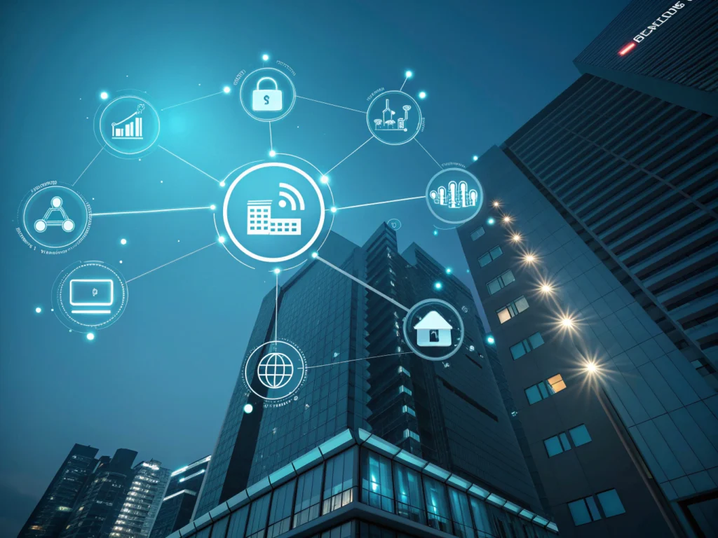 Flat illustration of interconnected data, graphs, hotel silhouettes, and AI icons on dark blue background.
