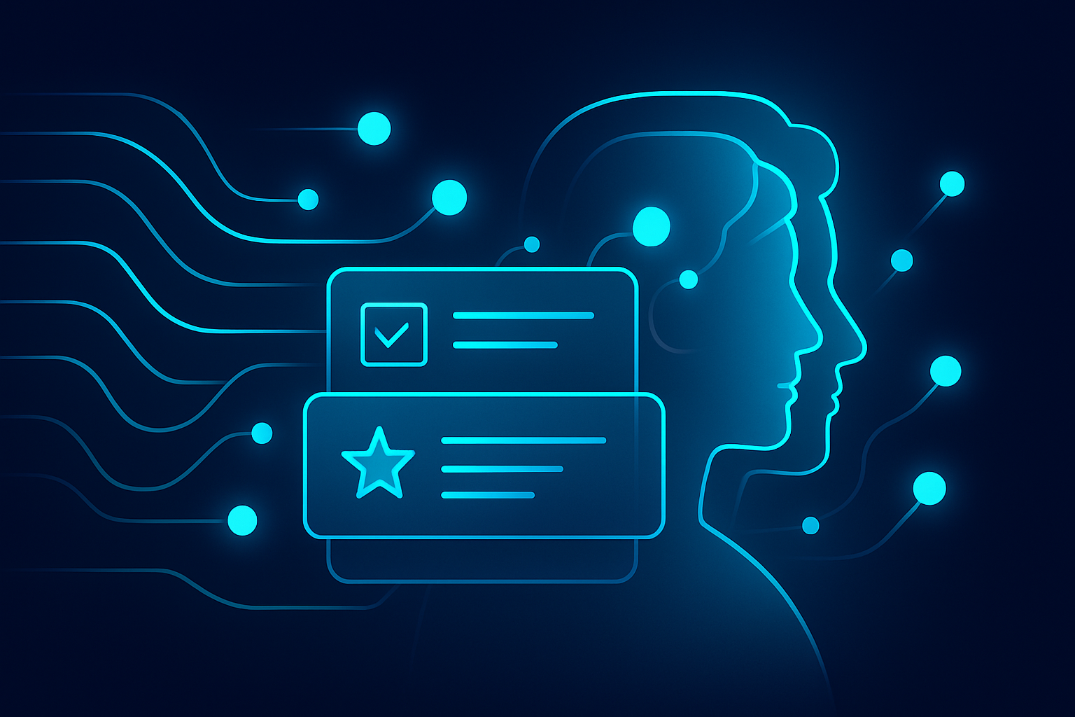 Flat illustration of interconnected data streams, glowing nodes, and layered profiles on dark blue background.