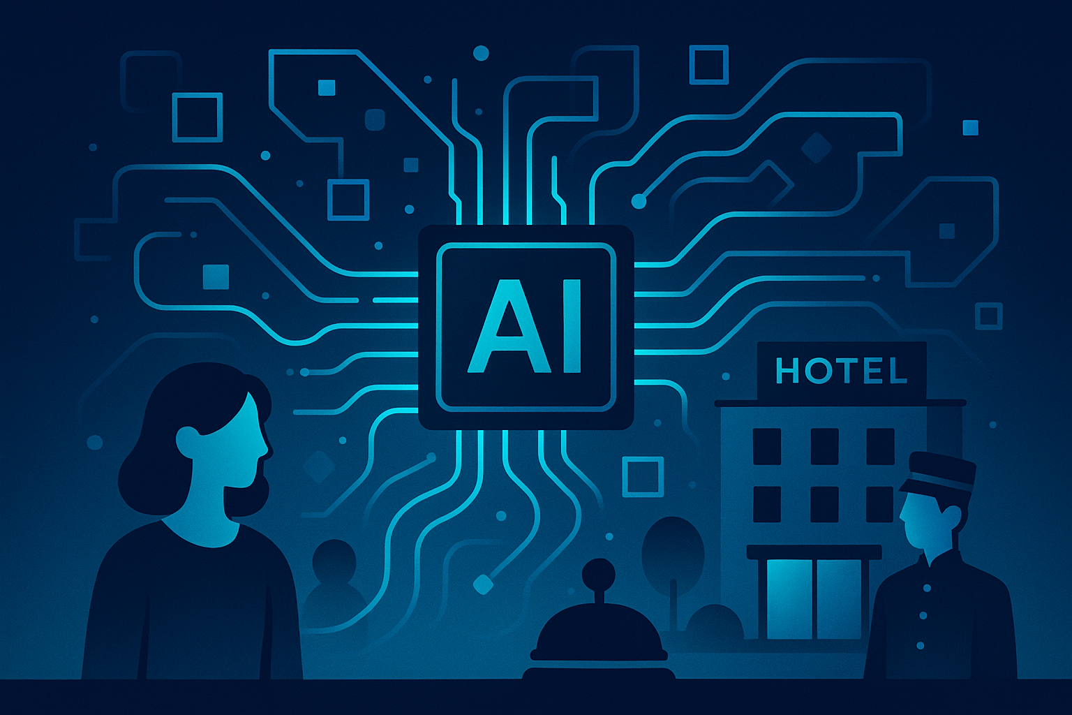 Flat illustration of interconnected geometric shapes, hotel silhouettes, and data streams with neon glow.