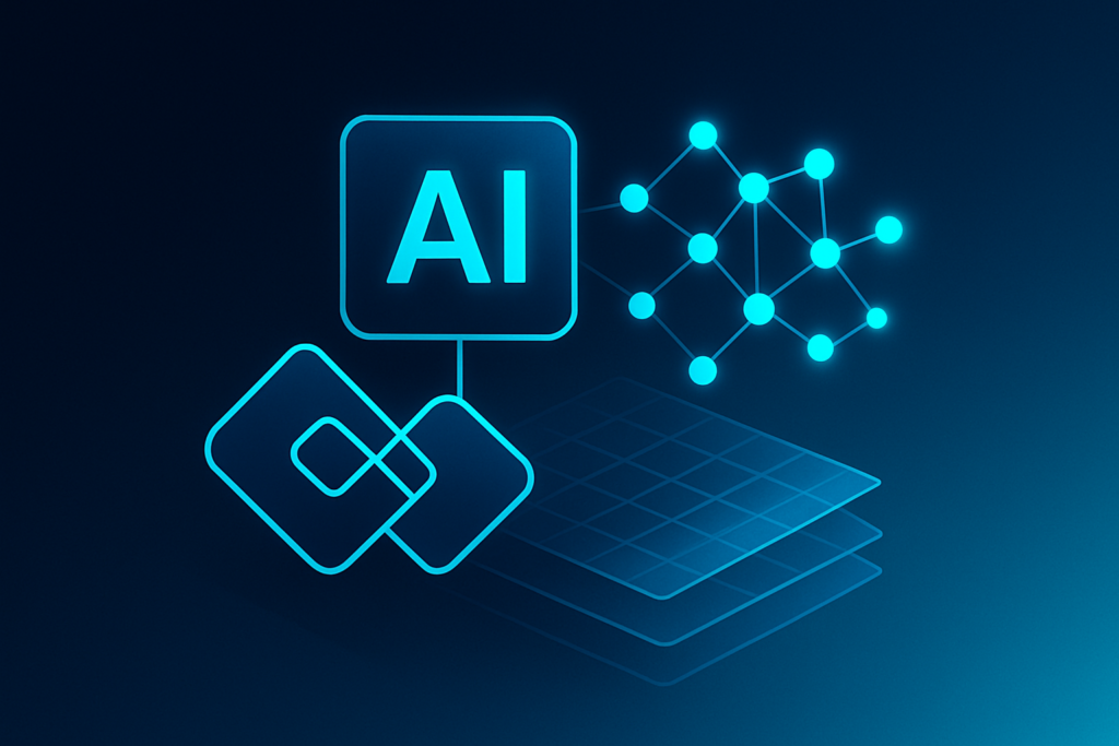 Flat illustration of interconnected geometric shapes, neural nodes, and grids in neon cyan on dark blue background.