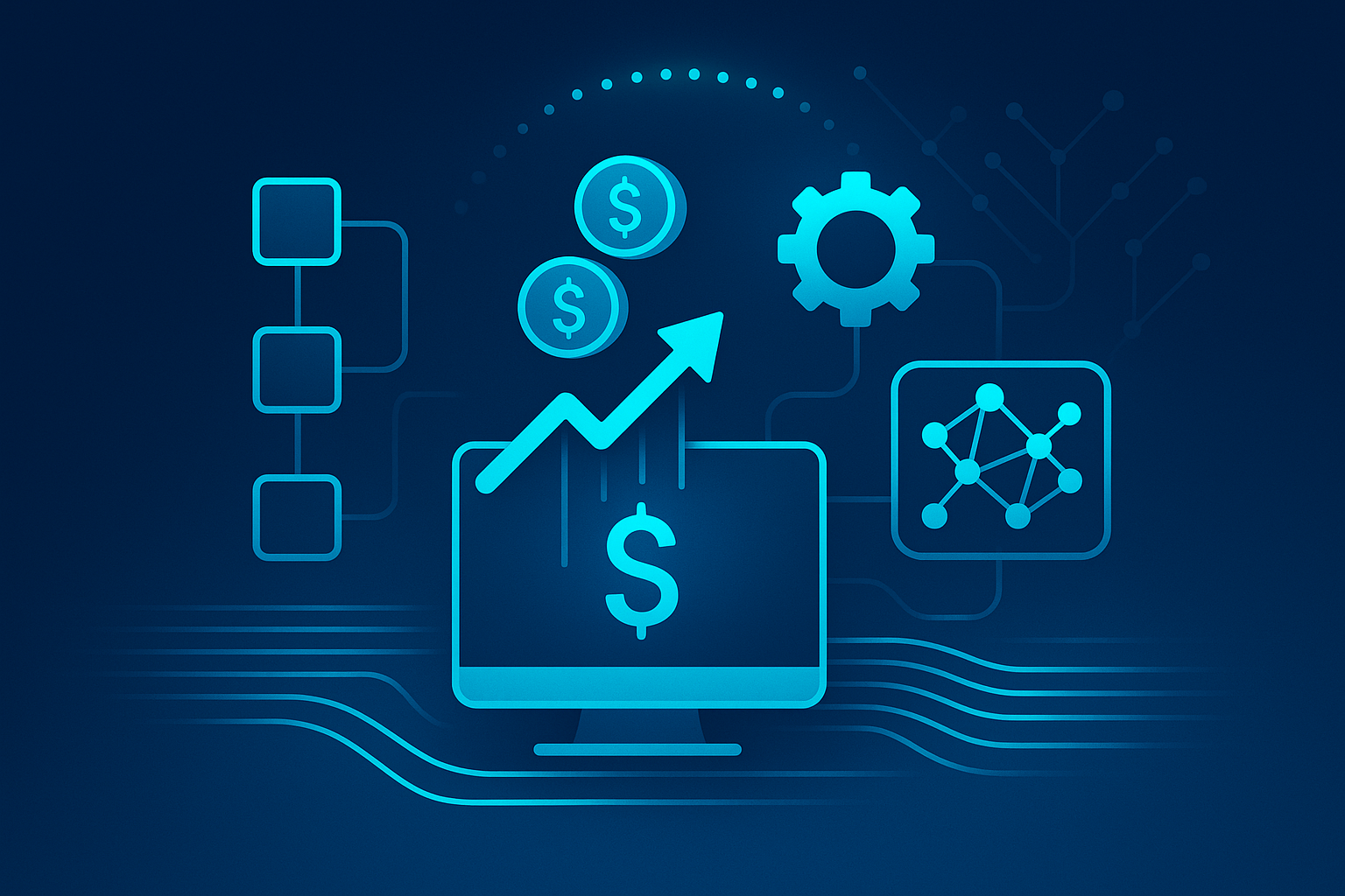 Flat illustration of interconnected geometric shapes and neural patterns with neon blue and cyan glow.