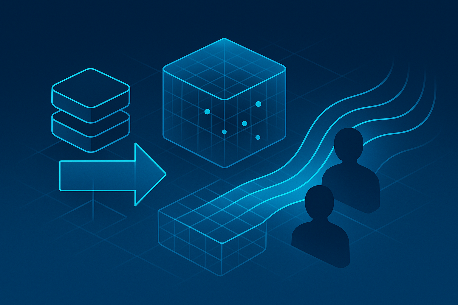 Flat illustration of interconnected geometric shapes, grids, and flowing lines on dark blue background.