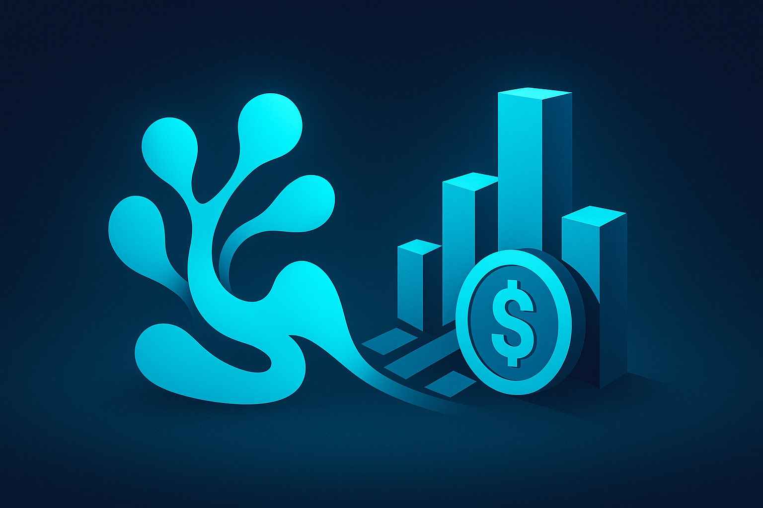 Flat illustration of organic and geometric shapes symbolizing culture and efficiency in neon-lit dark blue background.