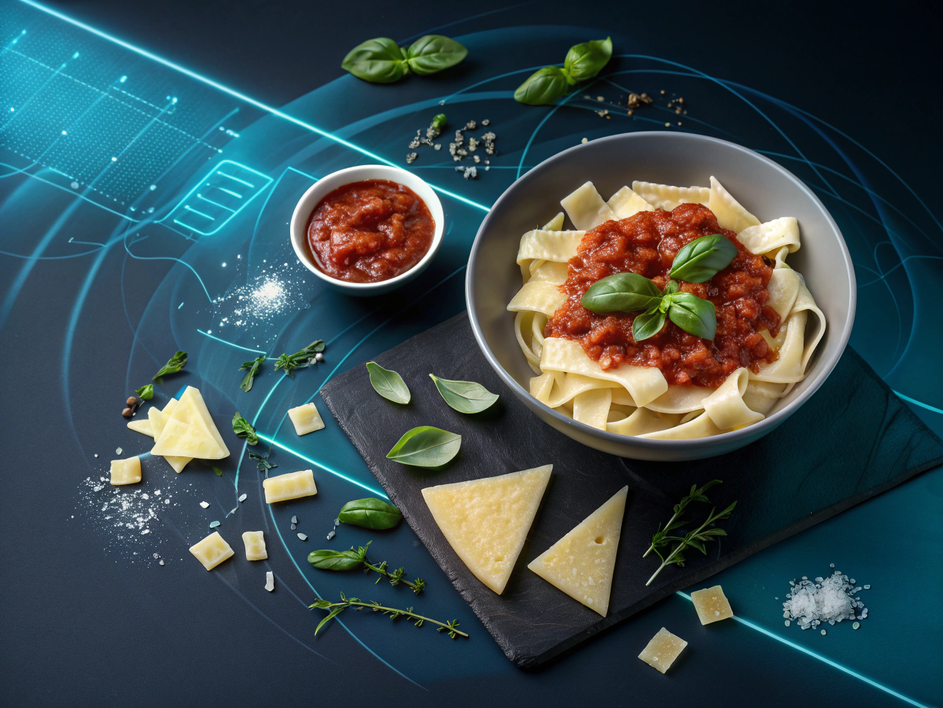 Flat-illustration of pasta, basil, Parmesan, and tomato sauce on a dark, neon-lit background.