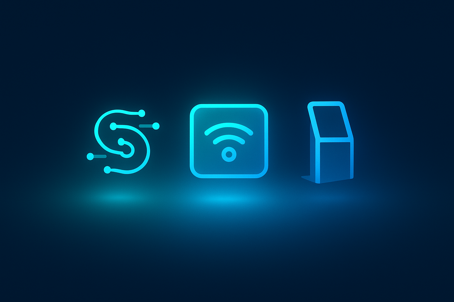 Floating glowing symbols representing mobile apps, kiosks, and contactless check-in against a dark tech background.