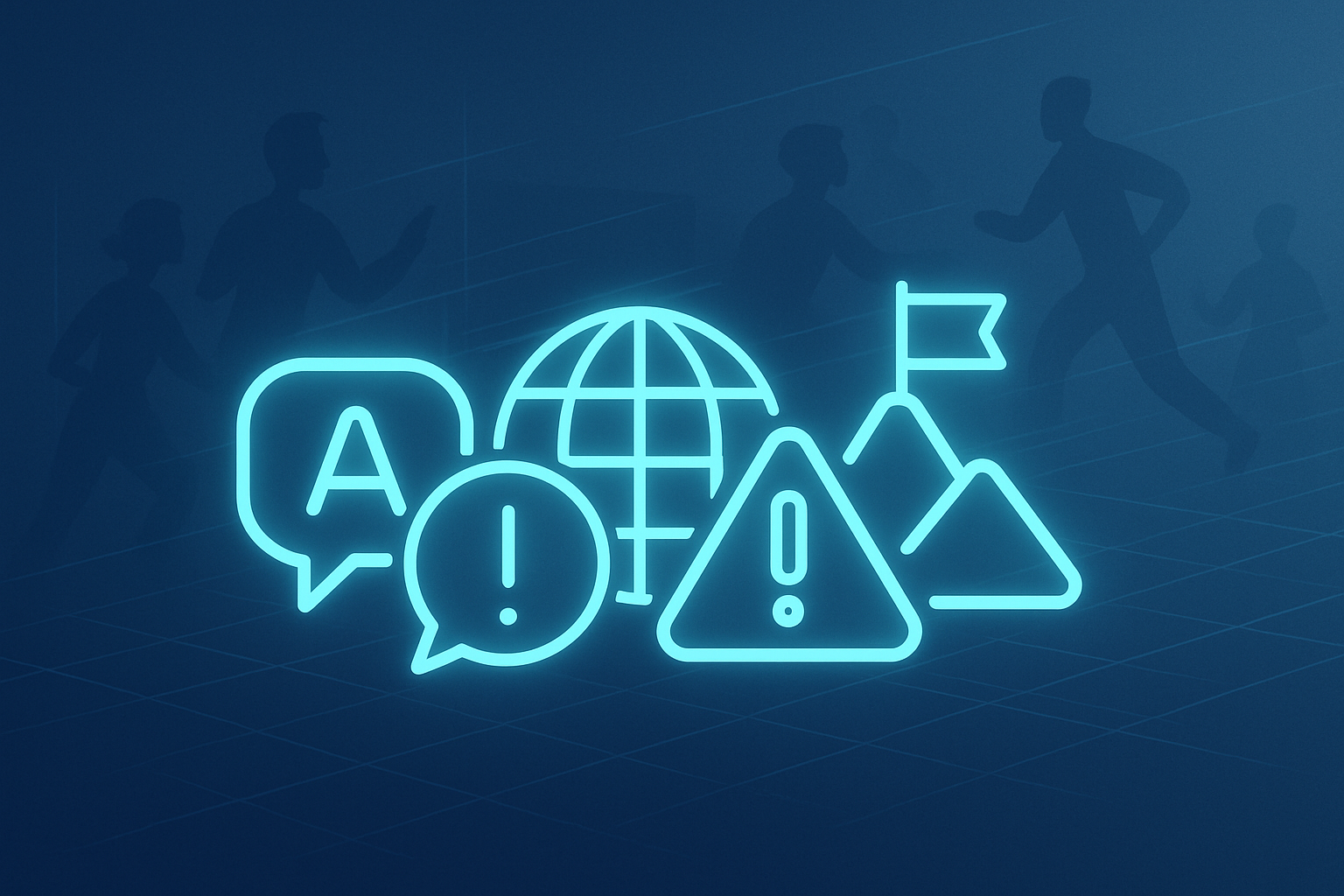 Four glowing neon cyan interlocking symbols on a dark blue background with abstract human figures and geometric lines.
