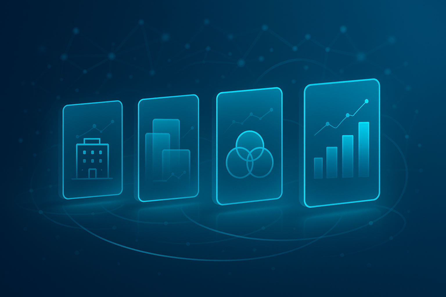 Four glowing translucent panels with geometric shapes and line graphs on a dark blue gradient background.