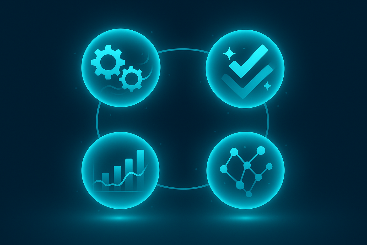 Four interconnected glowing cyan orbs with icons representing efficiency, quality, performance, and network pathways.